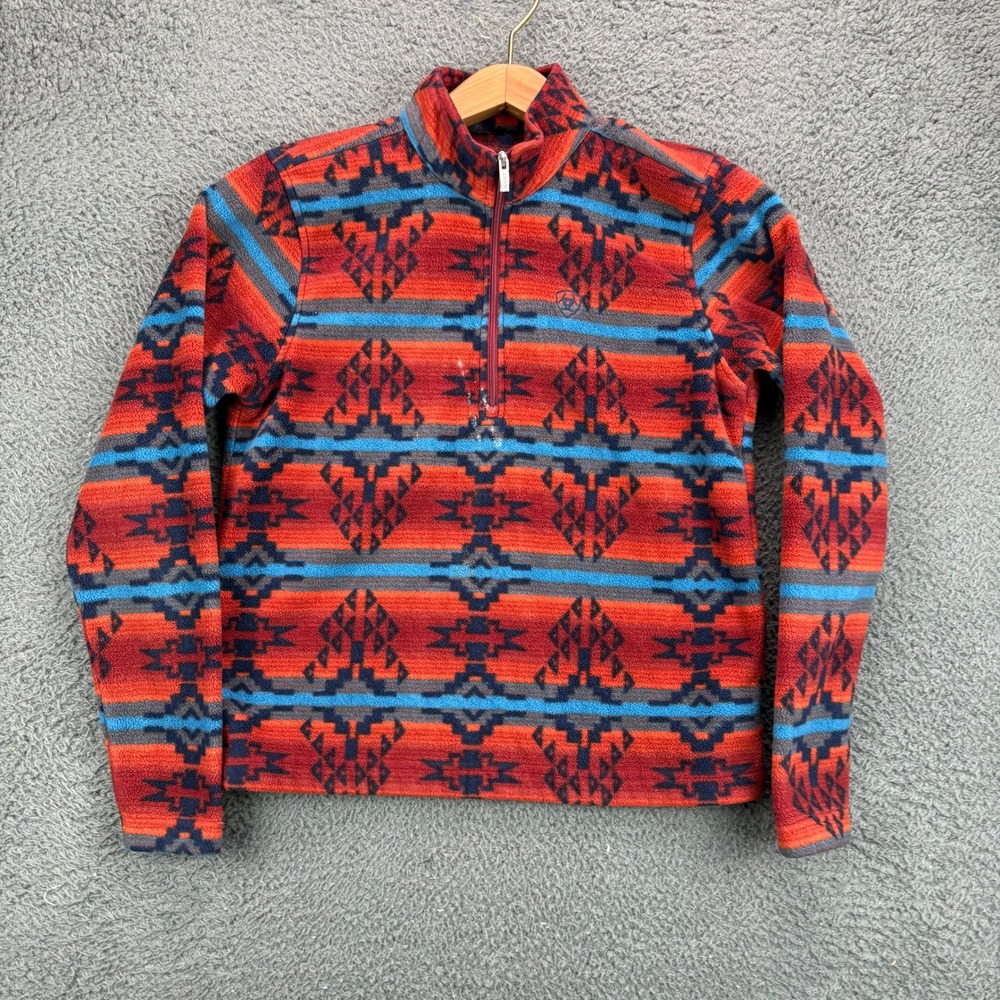 Ariat Girls Southwestern Aztec Fleece Quarter Zip Pullover Orange Blue 10043138